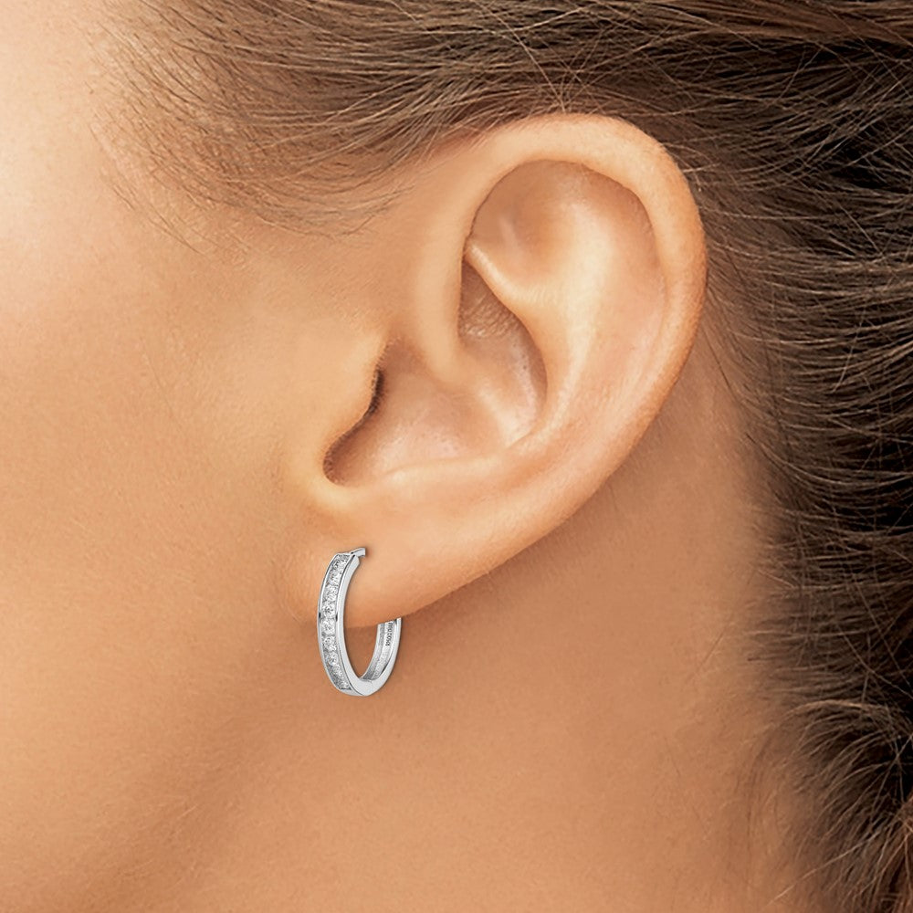 Rhodium-plated Sterling Silver CZ 3x16mm Hinged Hoop Earrings