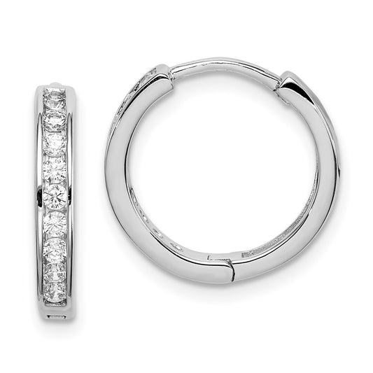 Rhodium-plated Sterling Silver CZ 3x16mm Hinged Hoop Earrings