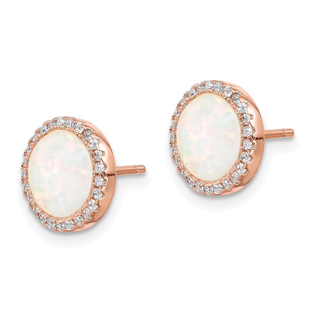 Rose Gold-plated Sterling Silver Round Created Opal CZ Halo Earrings