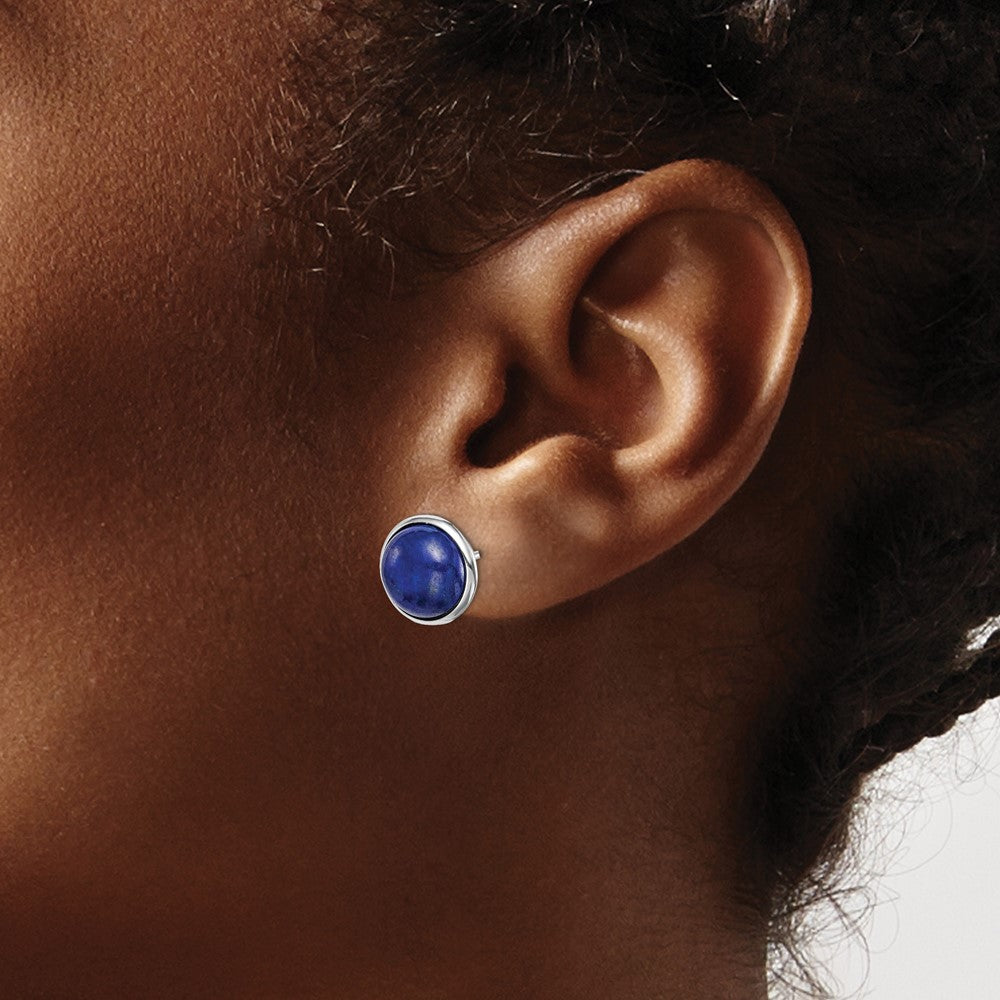 Rhodium-plated Sterling Silver 10mm Lapis Cabochon Post Earrings