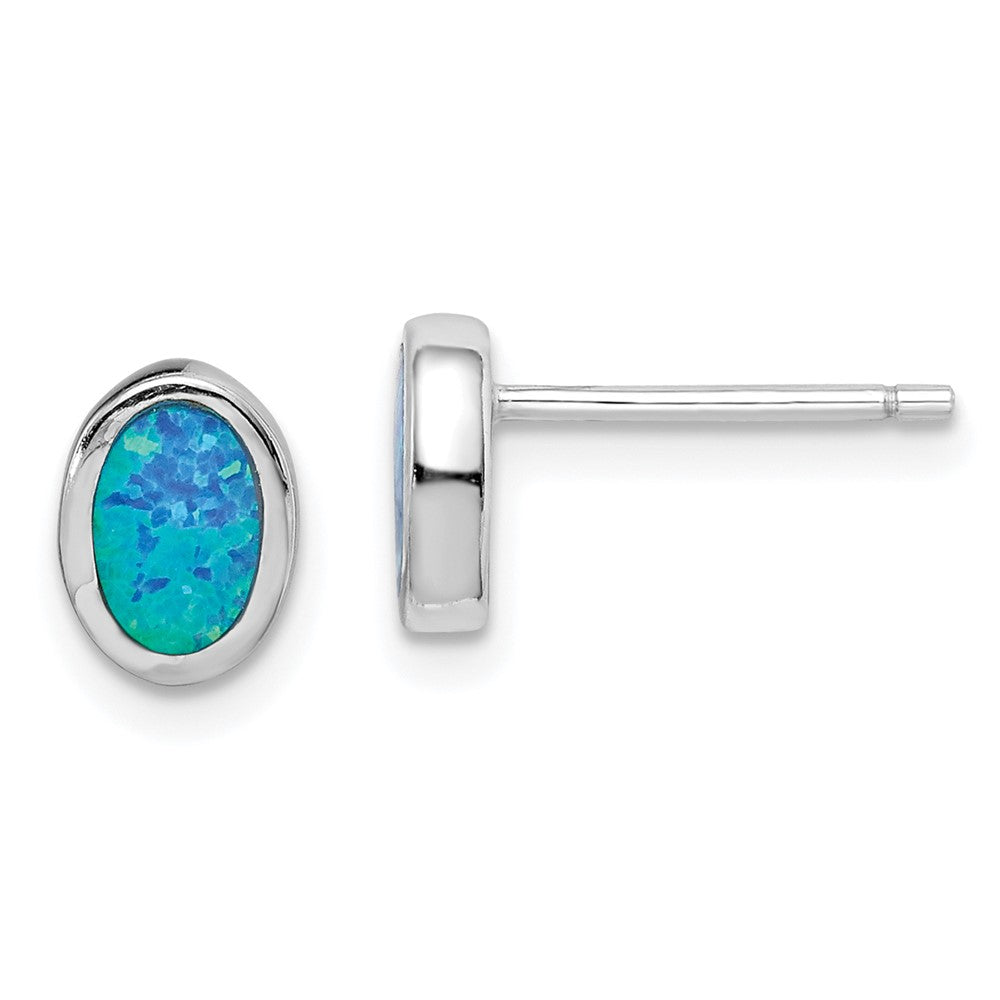 Rhodium-plated Sterling Silver Imitation Opal Oval Post Earrings