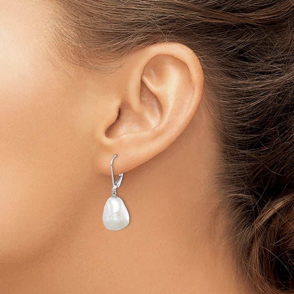 Rhodium-plated Sterling Silver 11-12mm Keshi Pearl Leverback Earrings