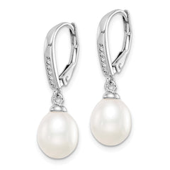 Rhodium-plated Sterling Silver 7-8mm White Teardrop FWC Pearl CZ Earrings