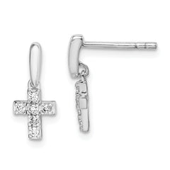 Rhodium-plated Sterling Silver Tiny CZ Cross Dangle Post Earrings