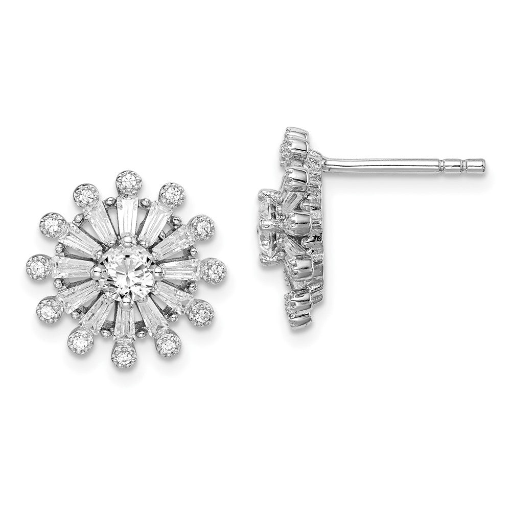 Rhodium-plated Sterling Silver CZ Baguette Snowflake Post Earrings