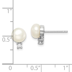 Rhodium-plated Sterling Silver 6-7mm White Button FWC Pearl CZ Earrings