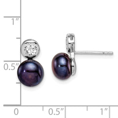 Rhodium-plated Sterling Silver 7-8mm Black Button FWC Pearl CZ Earrings