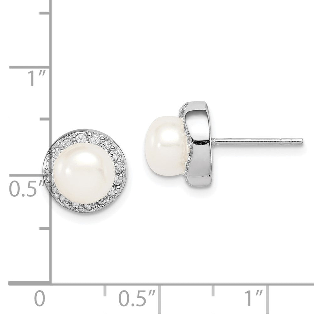 Rhodium-plated Sterling Silver 7-8mm White Button FWC Pearl CZ Earrings