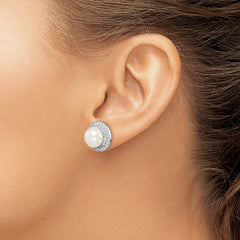 Rhodium-plated Sterling Silver 8-9mm White Button FWC Pearl CZ Earrings