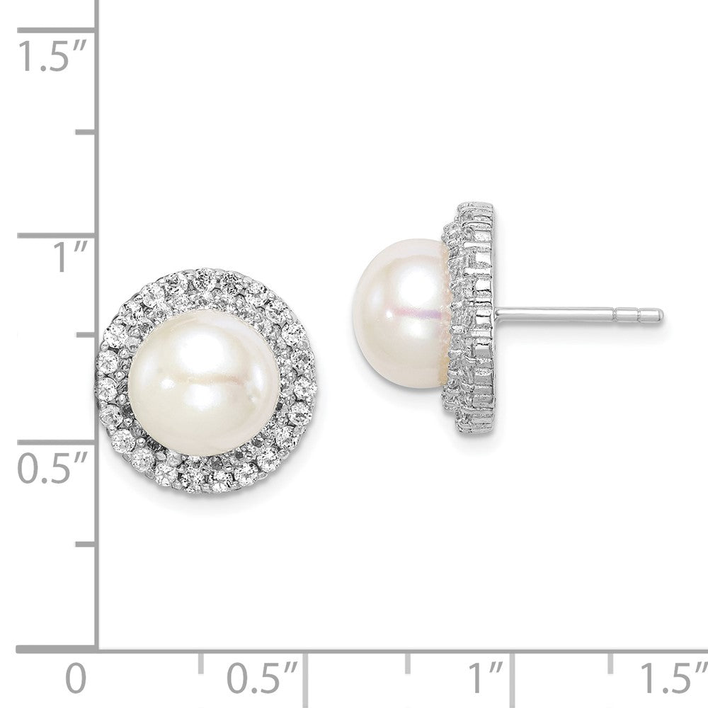 Rhodium-plated Sterling Silver 8-9mm White Button FWC Pearl CZ Earrings