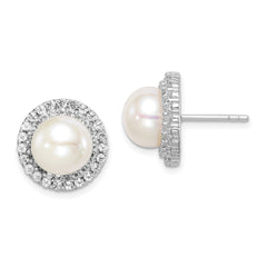 Rhodium-plated Sterling Silver 8-9mm White Button FWC Pearl CZ Earrings