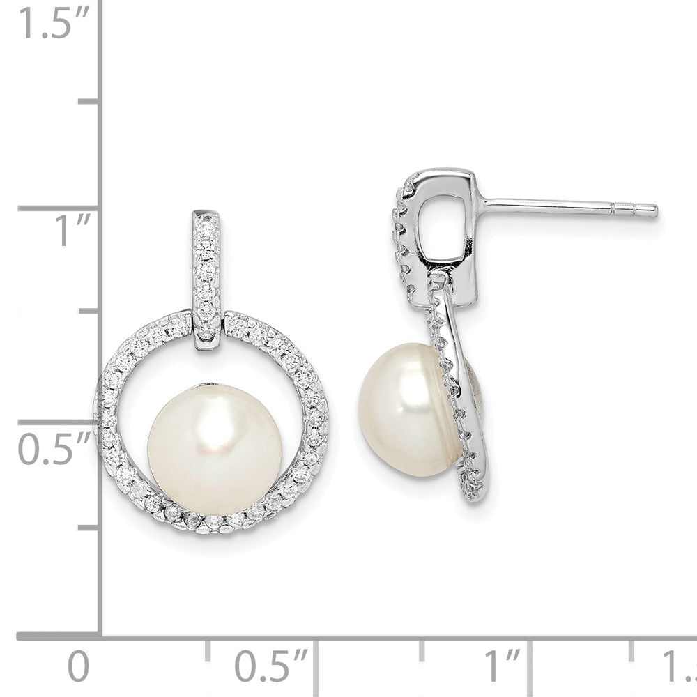 Rhodium-plated Sterling Silver 8-9mm White Button FWC Pearl CZ Earrings