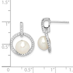 Rhodium-plated Sterling Silver 8-9mm White Button FWC Pearl CZ Earrings