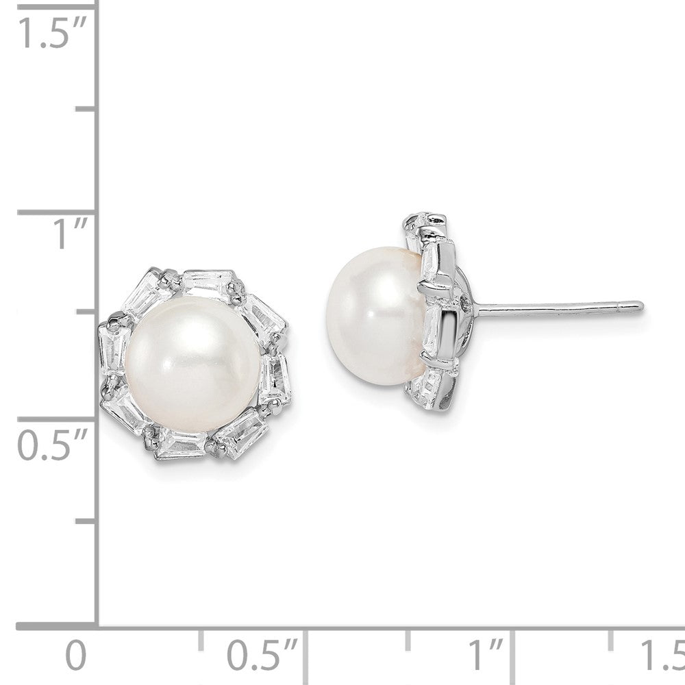 Rhodium-plated Sterling Silver 8-9mm White Button FWC Pearl CZ Earrings