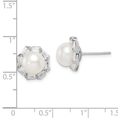 Rhodium-plated Sterling Silver 8-9mm White Button FWC Pearl CZ Earrings
