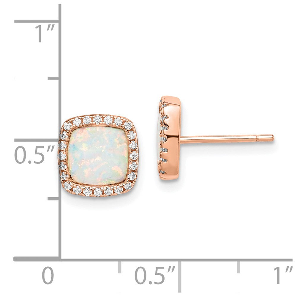 Rose Gold-plated Sterling Silver Square Created Opal CZ Halo Post Earrings