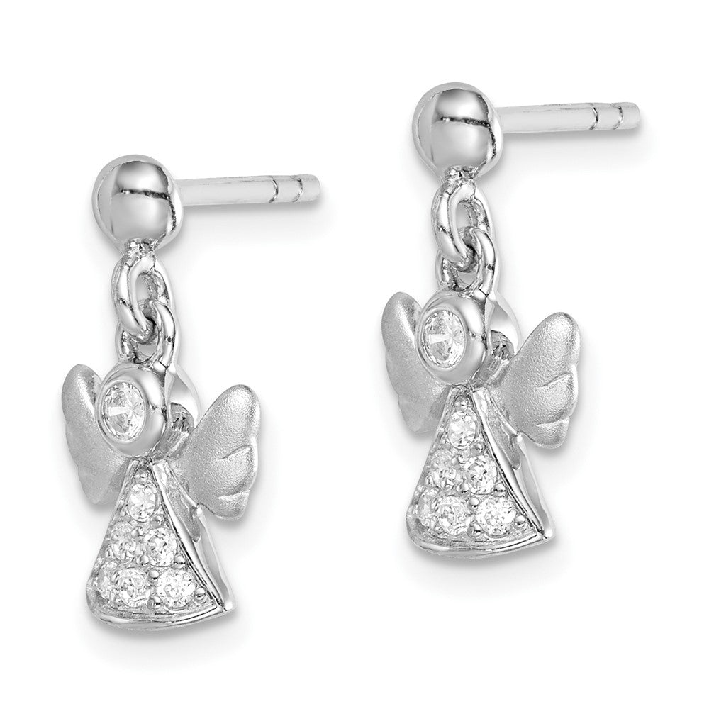 Rhodium-plated Sterling Silver Brushed CZ Angel Dangle Post Earrings