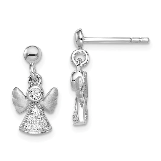 Rhodium-plated Sterling Silver Brushed CZ Angel Dangle Post Earrings
