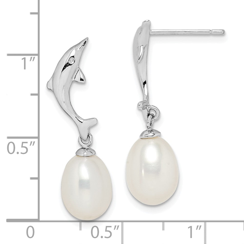 Rhodium-plated Sterling Silver 7-8mm White Rice FWC Pearl Dolphin Earrings