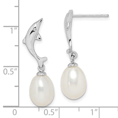 Rhodium-plated Sterling Silver 7-8mm White Rice FWC Pearl Dolphin Earrings