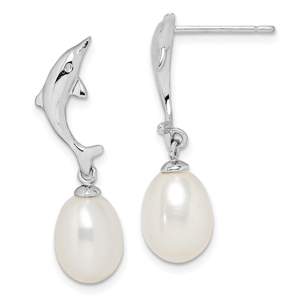 Rhodium-plated Sterling Silver 7-8mm White Rice FWC Pearl Dolphin Earrings