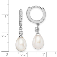 Rhodium-plated Sterling Silver 7-8mm FWC Pearl CZ Hoop Dangle Earrings