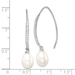 Rhodium-plated Sterling Silver 7-8mm Drop FWC Pearl CZ Threader Earrings