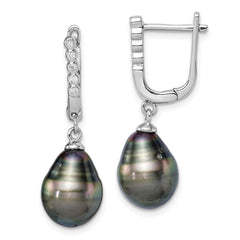 Rhodium-plated Sterling Silver 9-10mm Tahitian Pearl CZ Dangle Earrings