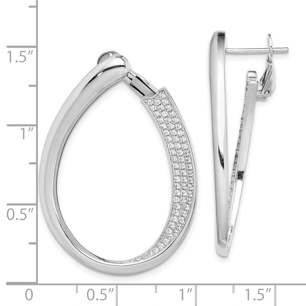 Rhodium-plated Silver CZ Pave Front and Back Oval Hoop Earrings