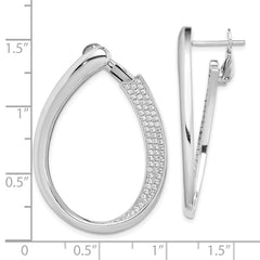 Rhodium-plated Silver CZ Pave Front and Back Oval Hoop Earrings