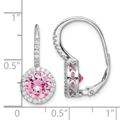 Rhodium-plated Sterling Silver Pink White CZ Leverback Earrings