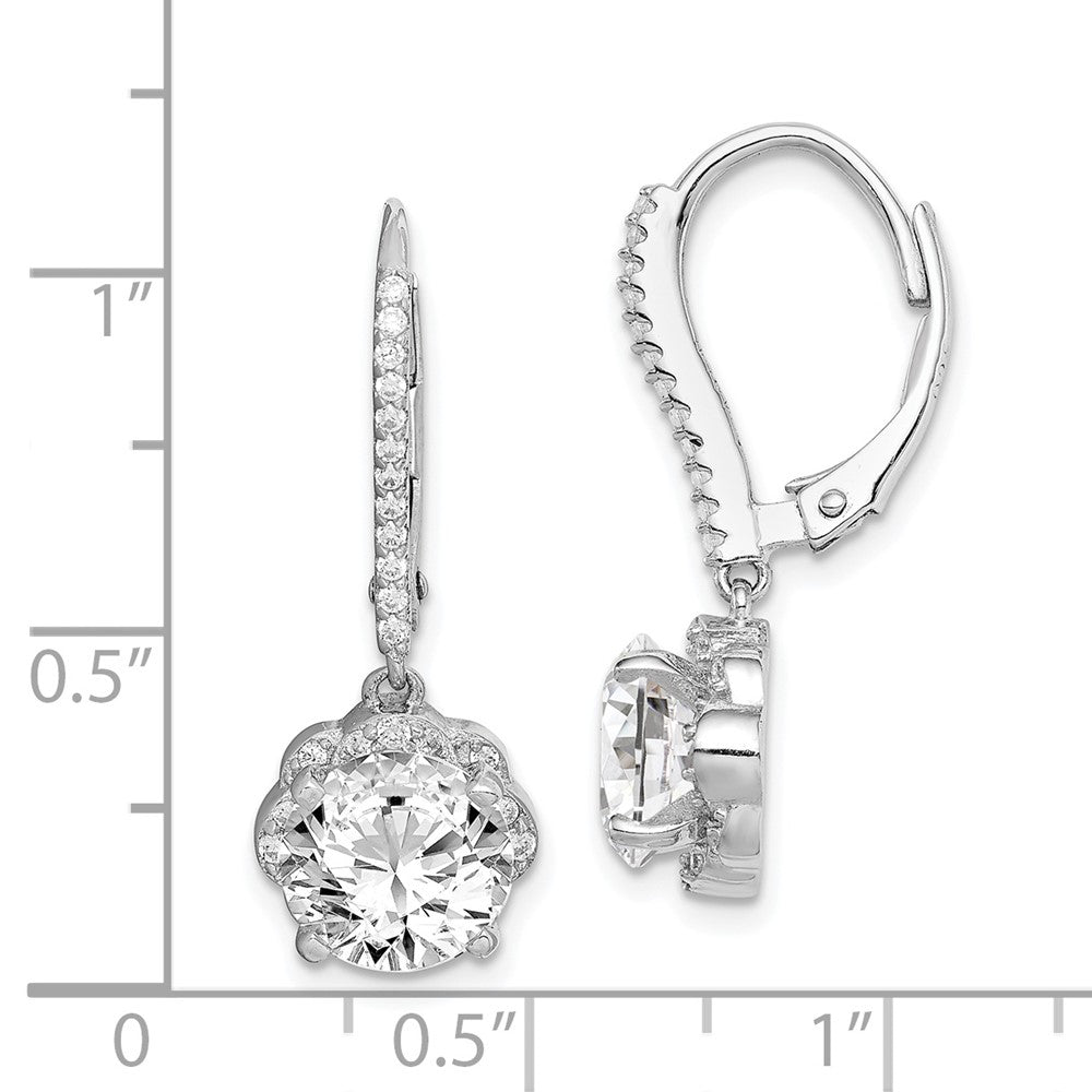 Rhodium-plated Sterling Silver CZ Flower Leverback Dangle Earrings