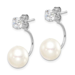 Rhodium-plated Sterling Silver 9-10mm Button FWC Pearl CZ Front Back Earrings