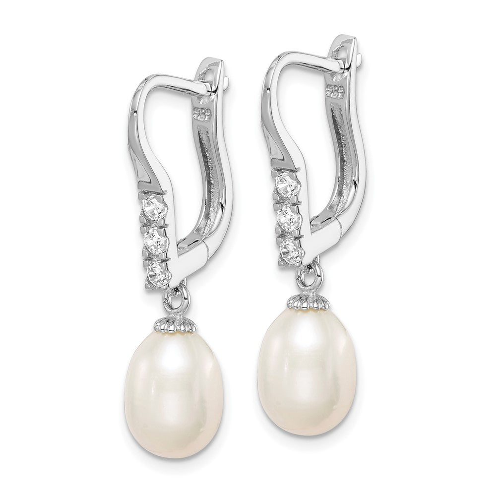 Rhodium-plated Sterling Silver 7-8mm Rice FWC Pearl CZ Leverback Earrings