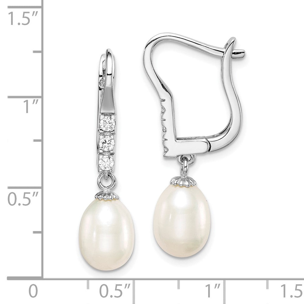Rhodium-plated Sterling Silver 7-8mm Rice FWC Pearl CZ Leverback Earrings
