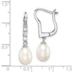 Rhodium-plated Sterling Silver 7-8mm Rice FWC Pearl CZ Leverback Earrings