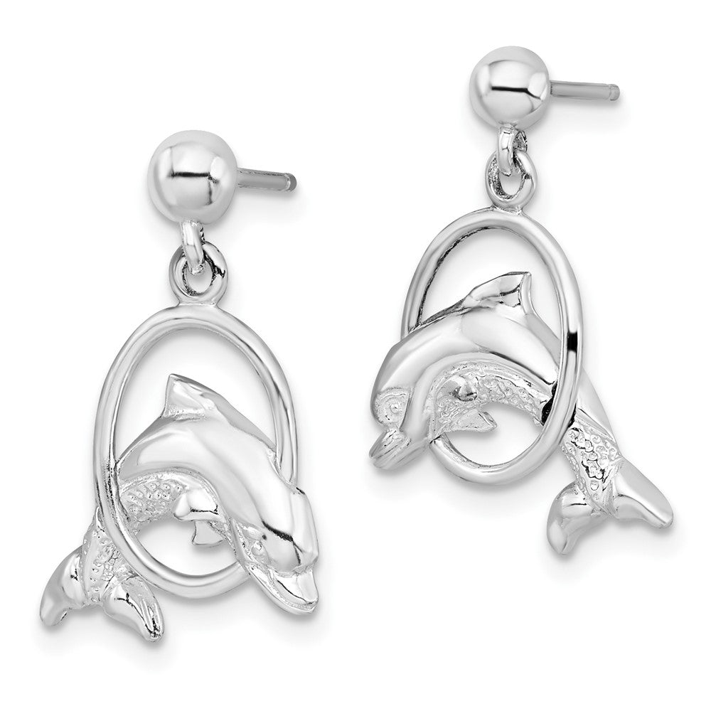 Sterling Silver Polished Dolphin in Hoop Dangle Post Earrings