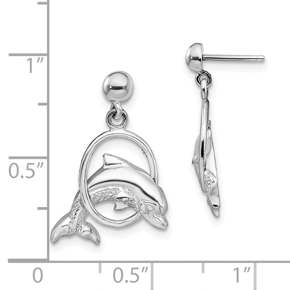 Sterling Silver Polished Dolphin in Hoop Dangle Post Earrings