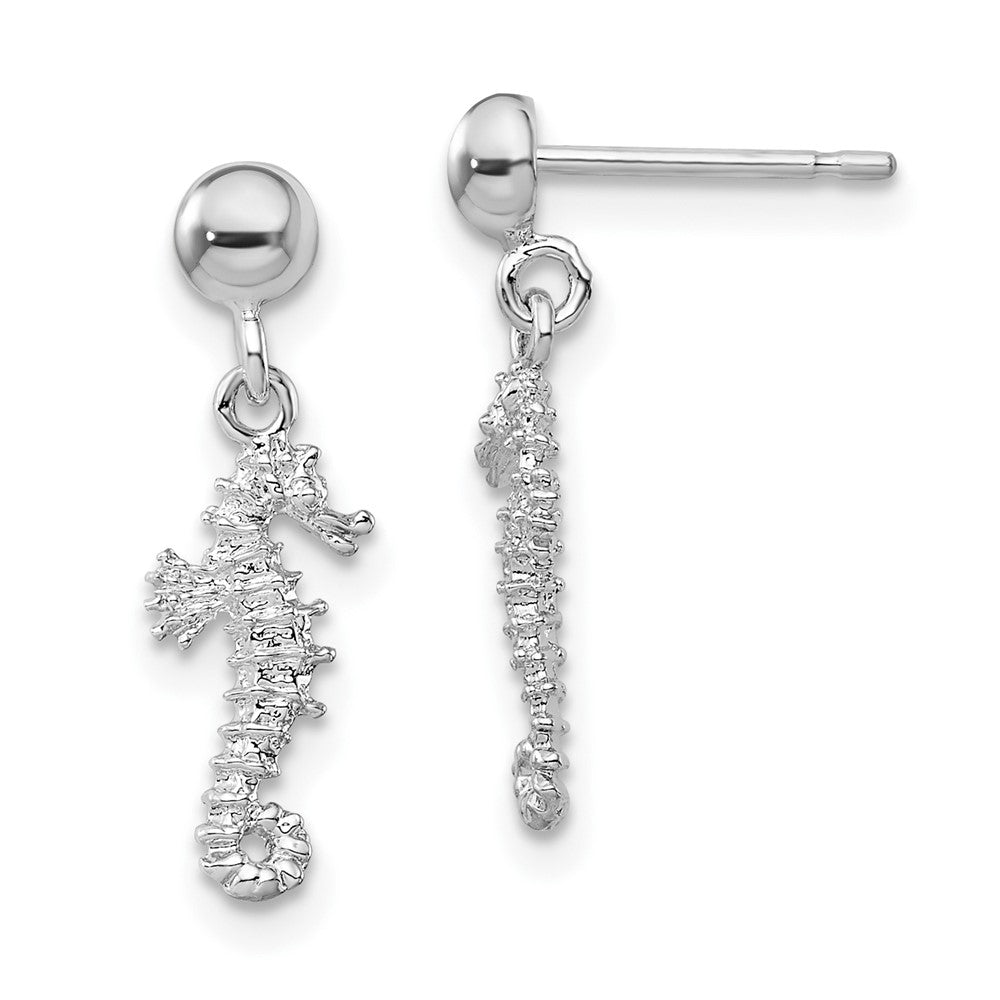 Sterling Silver Polished 3D Mini Seahorse Dangle Post Earrings