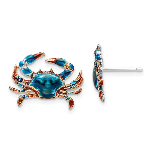 Sterling Silver Polished Enameled Blue Crab Post Earrings