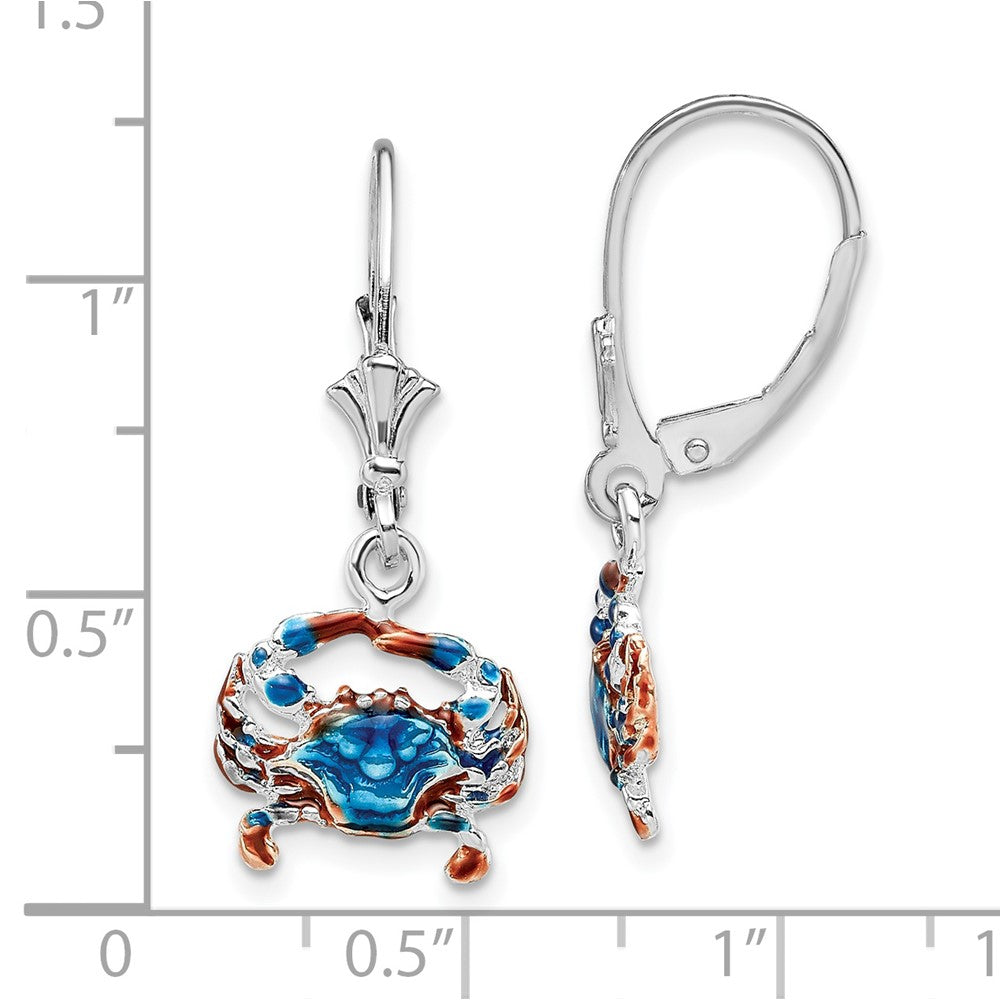 Sterling Silver Polished Enameled Blue Crab Leverback Earrings
