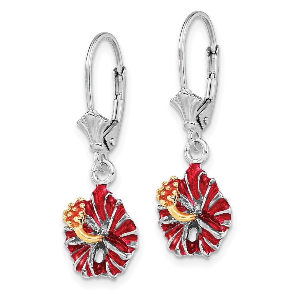 Sterling Silver Polished Enameled Red Hibiscus Leverback Earrings