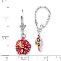 Sterling Silver Polished Enameled Red Hibiscus Leverback Earrings