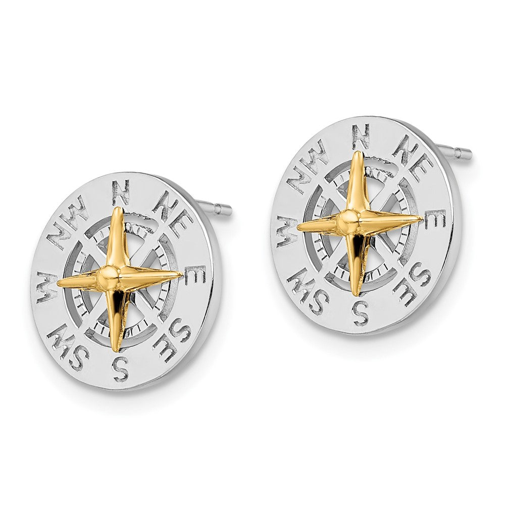 Sterling Silver Polished Mini Compass with 14K Needle Post Earrings