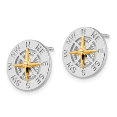 Sterling Silver Polished Mini Compass with 14K Needle Post Earrings