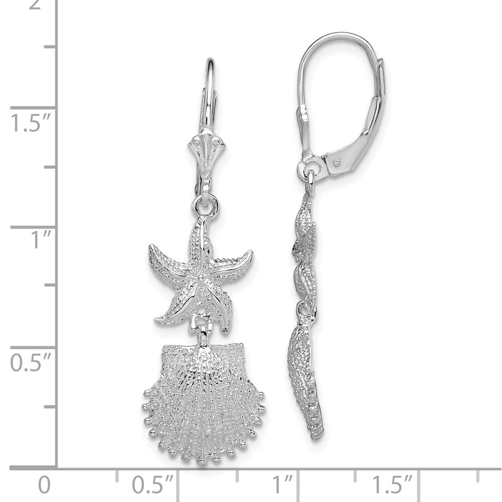 Sterling Silver Polished Starfish and Shell Leverback Earrings