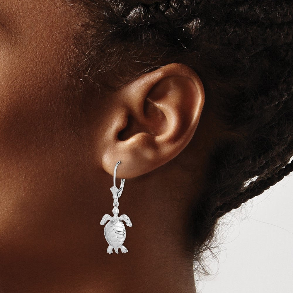 Sterling Silver Polished 3D Moveable Turtle Leverback Earrings