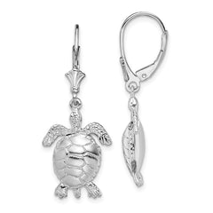 Sterling Silver Polished 3D Moveable Turtle Leverback Earrings