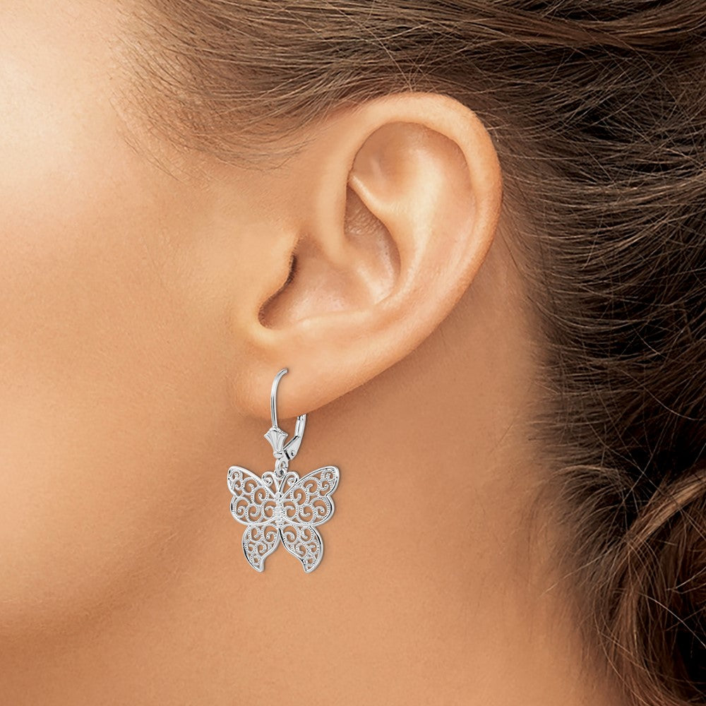 Sterling Silver Polished Filigree Butterfly Leverback Earrings