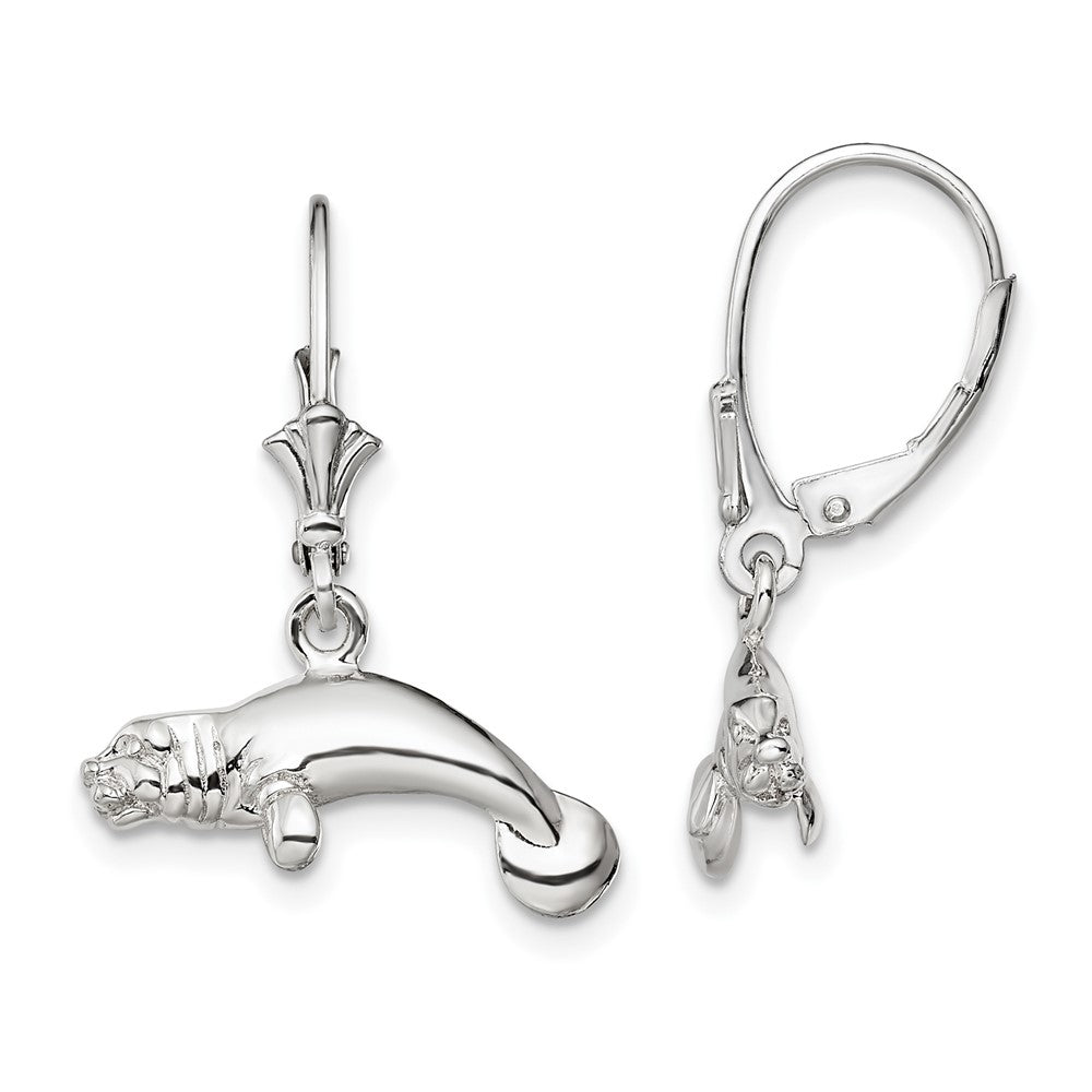 Sterling Silver Polished 3D Manatee Leverback Earrings